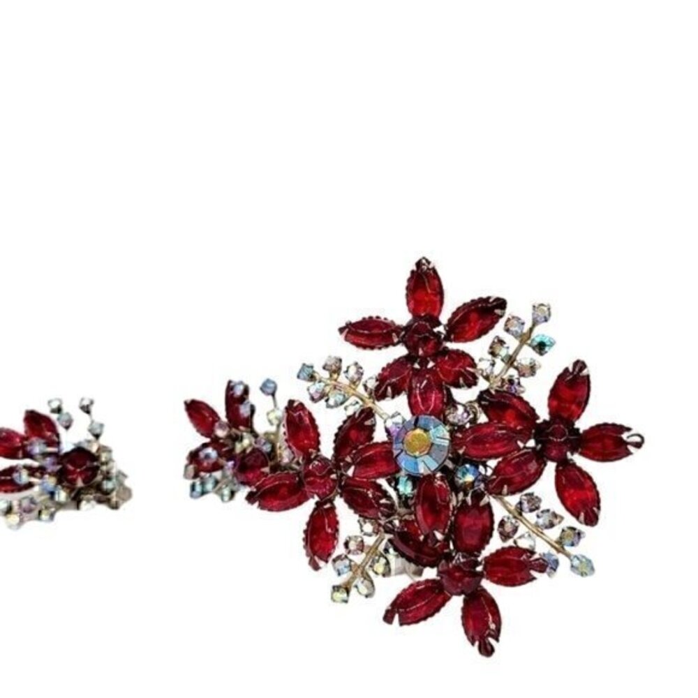 Vintage Prongset Red Rhinestone Brooch clip earrings - Picture 8 of 10